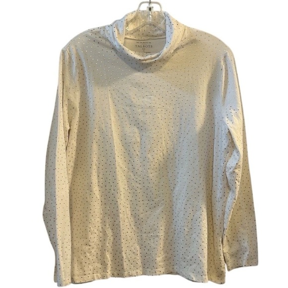 Talbots Women's Plus 1X Turtleneck Tee White Gold Polka Dot Long Sleeve - Picture 1 of 9